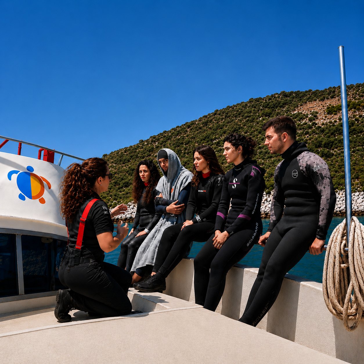 Deniz Akçalı giving briefing on dive boat with candidate roster in Kaş