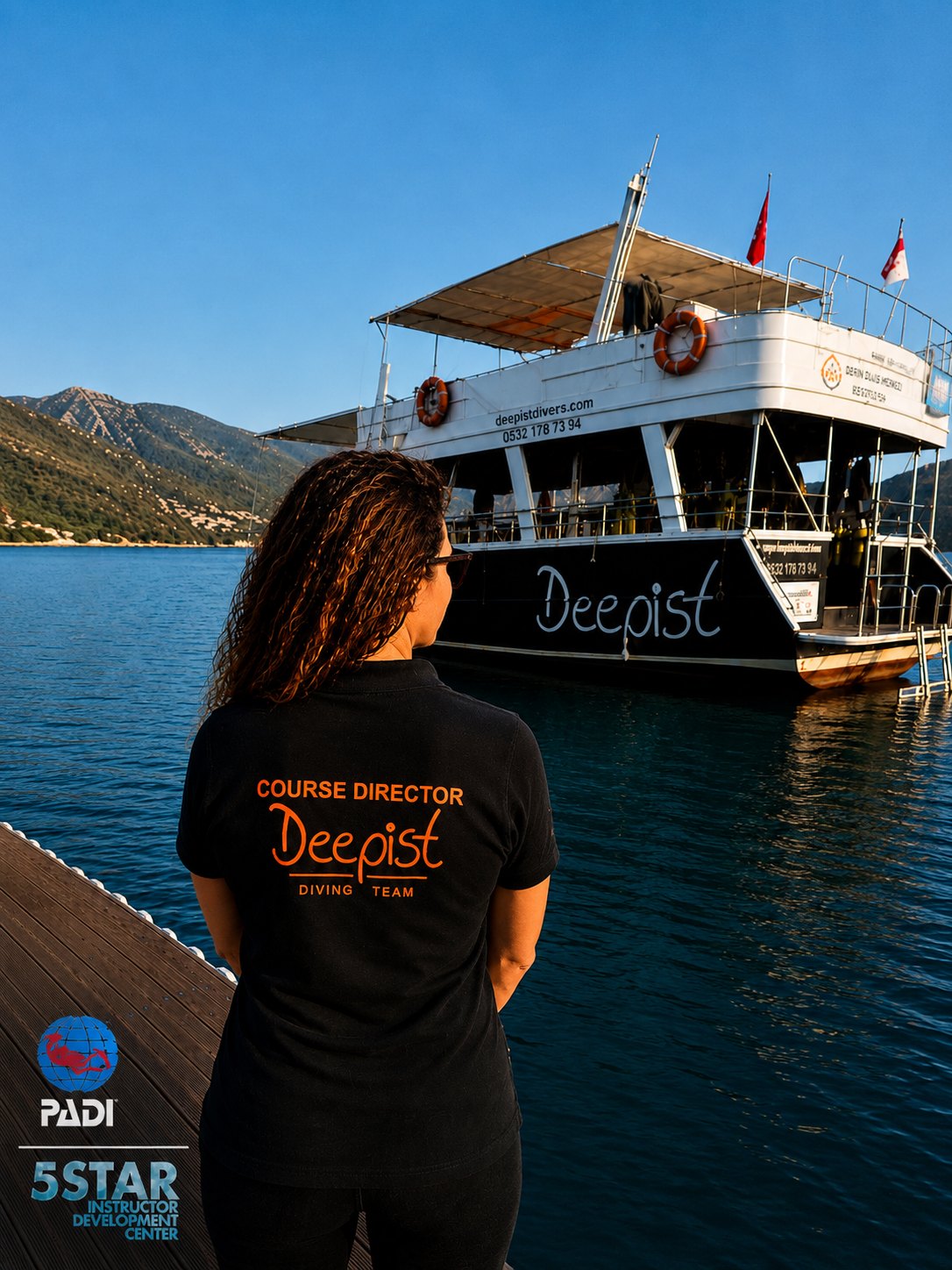 Deniz Akçalı PADI Course Director smiling on dive vessel