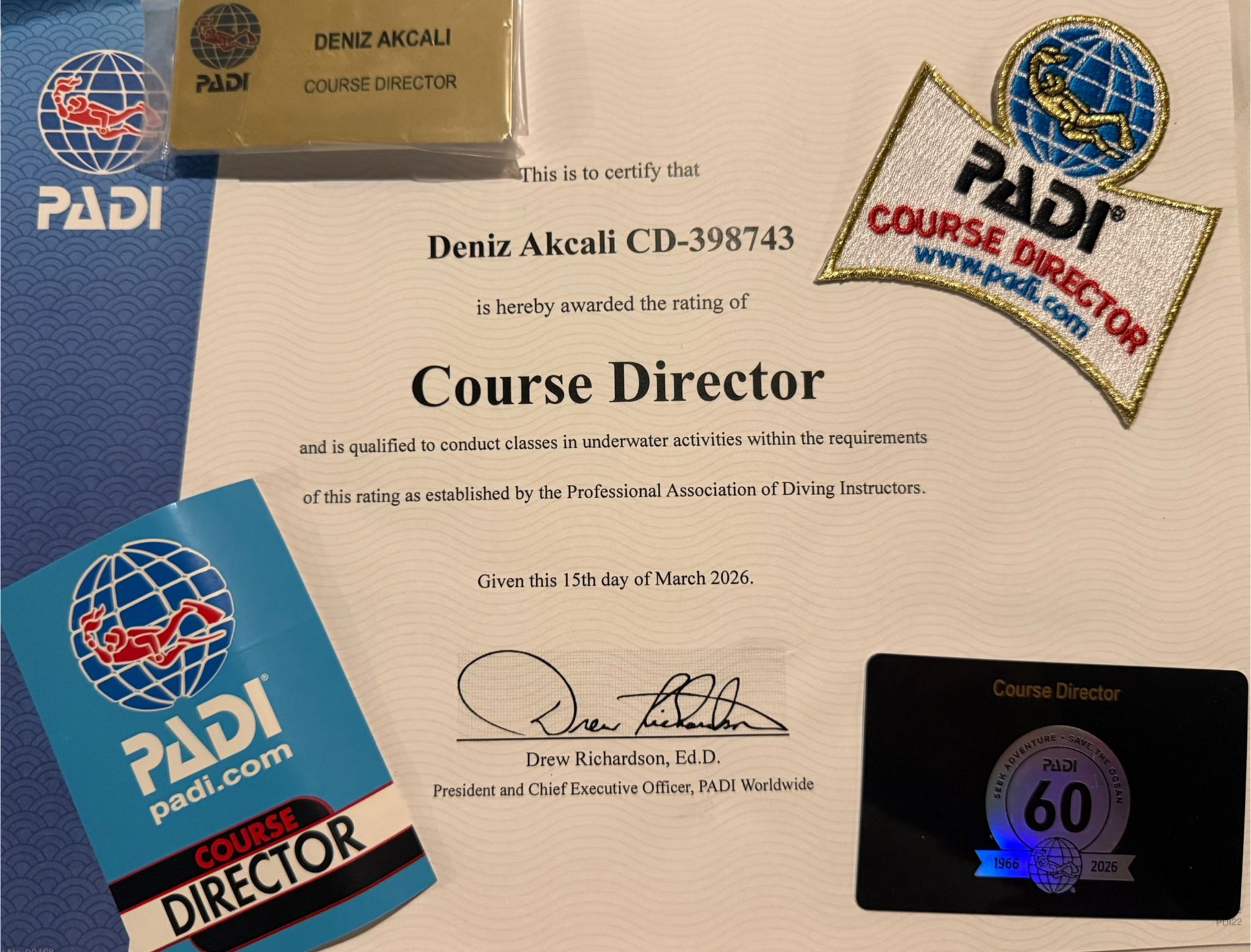 Official PADI Course Director Certificate & Credentials for Deniz Akçalı CD-398743